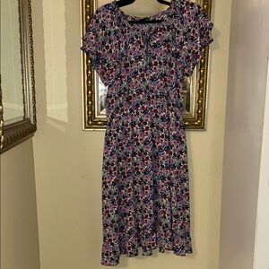 Pink Floral Midi Sundress with Flutter Sleeves and Crew Neck